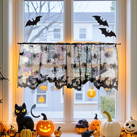 Halloween Schwarz Spitze Spinnennetz Türvorhang Fledermaus Rand Fenster Vorhang Mystery Gothic Home Party Dekor