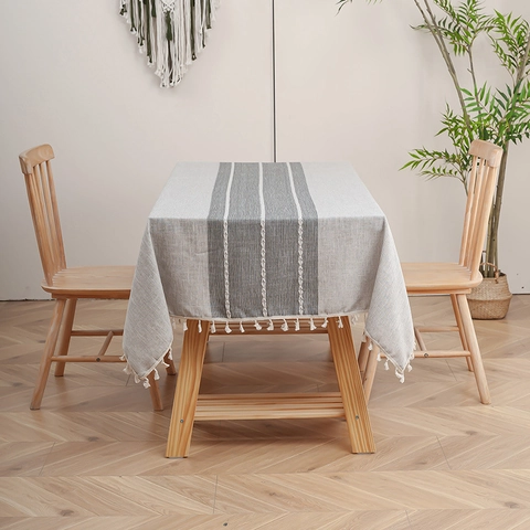 Waterproof Rectangular Tablecloth Oilproof Chemical Fiber Linen Texture Striped Table Cover With Tassels For Kitchen Home Decor
