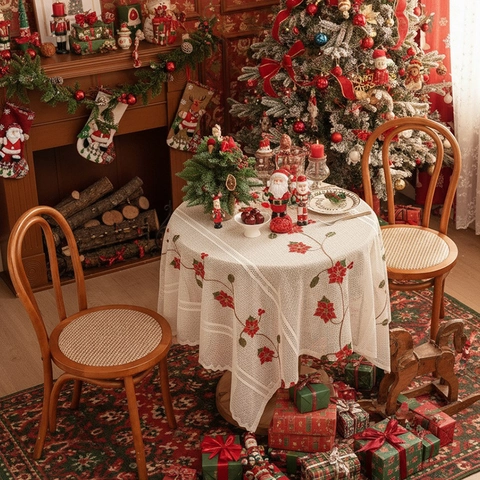 Christmas Poinsettia Embroidery Lace Tablecloth American Vintage White Hollow Out Rectangle Polyester Dining Table Cover