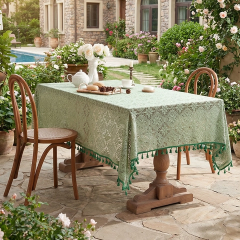 French Vintage Lace Tablecloth Hollow Out Crocheted Polyester Table Cloth With Tassel Fringe For Dining Home Party Decor
