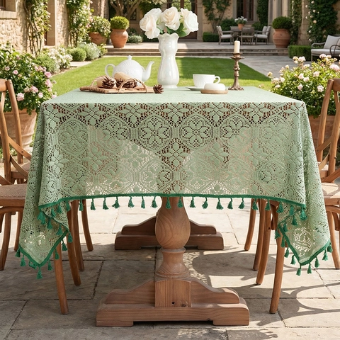 French Vintage Lace Tablecloth Hollow Out Crocheted Polyester Table Cloth With Tassel Fringe For Dining Home Party Decor