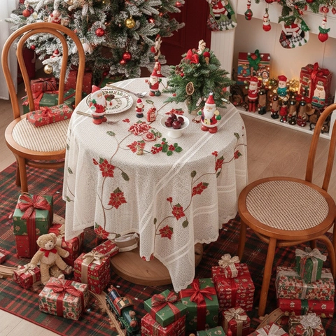 Christmas Poinsettia Embroidery Lace Tablecloth American Vintage White Hollow Out Rectangle Polyester Dining Table Cover