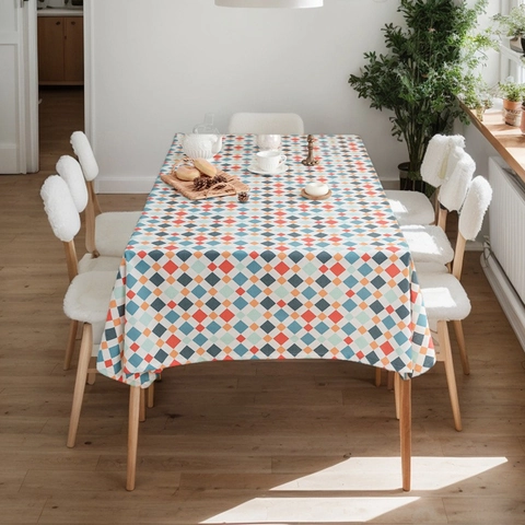 Mantel Rectangular de Mezcla de Poliéster y Algodón con Estampado de Rejilla de Diamante Geométrico Nórdico Antipolvo Decorativo para Hogar