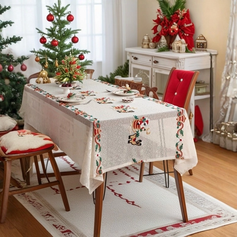 Christmas Tablecloth Polyester Embroidered Santa Claus Reindeer Snowflake Lace Hollow Table Cover For Home Dining Party Decor