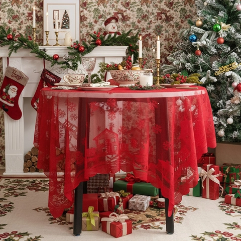 Mantel de Encaje Rojo de Navidad con Patrón de Copos de Nieve Casas Rectangular Redondo Poliéster Cubierta de Mesa para Decoración