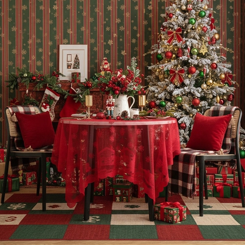 Mantel de Encaje Rojo de Navidad con Patrón de Copos de Nieve Casas Rectangular Redondo Poliéster Cubierta de Mesa para Decoración