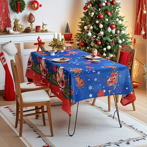Mantel Impermeable de Fiesta de Navidad Americana Azul Papá Noel Copo de Nieve Reno Estampado Decoración de Mesa