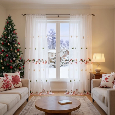 Rideaux Voile Brodage de Noël Polyester Père Noël Flocons de Neige Blanc Décoration de Fenêtre Festive Maison
