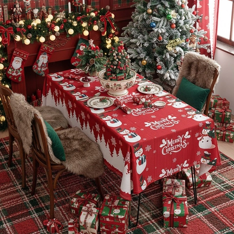Mantel de Navidad de Poliéster con Estampado de Muñeco de Nieve Copo de Nieve Rectangular Cubierta de Mesa Festiva Decorativa