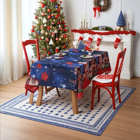 Mantel de Navidad Americano de Poliéster Estampado Papá Noel Poinsettia Copo de Nieve Rectangular Cubierta de Mesa Fiesta