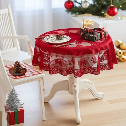 Christmas Red Lace Tablecloth Elegant Hollow Out Round Square Table Cover For Holiday Party Home Dining Room Decoration