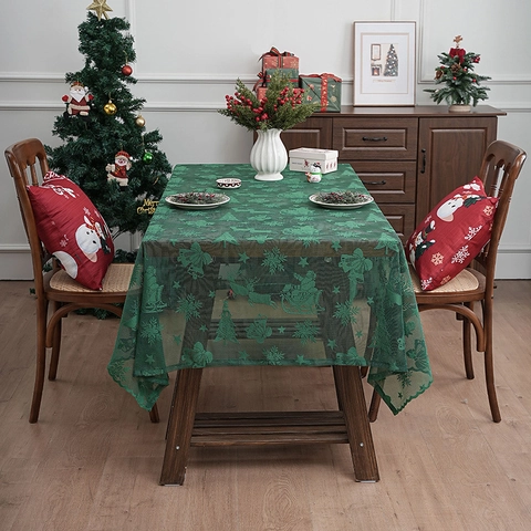 Mantel de Navidad de Encaje Verde Con Patrón de Papá Noel Reno Copo de Nieve Poliéster Rectángulo Cubierta de Mesa Festiva Para Fiesta