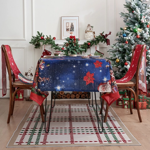 Mantel de Navidad Americano de Poliéster Estampado Papá Noel Poinsettia Copo de Nieve Rectangular Cubierta de Mesa Fiesta