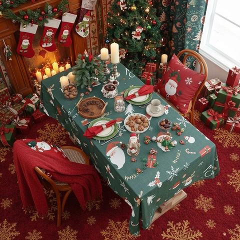 Christmas Printed Rectangular Tablecloth Polyester Holiday Party Decor Kitchen Dining Room Reindeer Snowflake Pattern