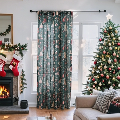 Christmas Green Printed Sheer Curtains Holiday Tree Snowflake Star Pattern Semi Shading Window Drapes For Home Living Room Bedroom