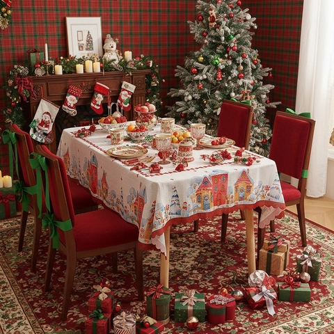 Christmas Rectangular Tablecloth Polyester Table Cover With Red Scalloped Edge Snowy House Floral Bell Print Holiday Home Decor