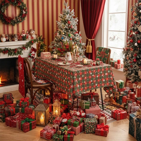 Mantel de Cuadros de Navidad Rojo Verde Tartan Copo de Nieve Rectangular Poliéster Cubierta de Mesa para Fiesta de Vacaciones Hogar Comedor Decoración