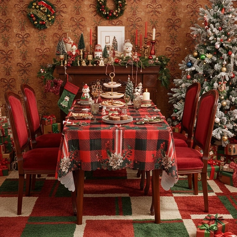 Vintage Weihnachten Kariert Rechteckige Tischdecke Polyester Wellenkante Feiertag Esszimmer Buffalo Karo Tischdeko