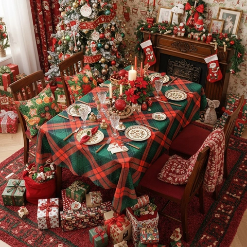 Christmas Rectangular Plaid Tablecloth Polyester Red Green Black Checkered Table Cover For Dinner Party Holiday Decor Home Kitchen