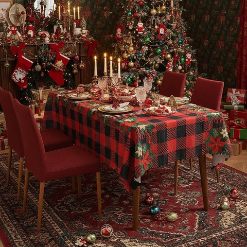 Tovaglia Natalizia Quadri Buffalo Poliestere Rosso Verde Fantasia Stella Di Natale Bordo Festonato Per Festa Casa Decorazione