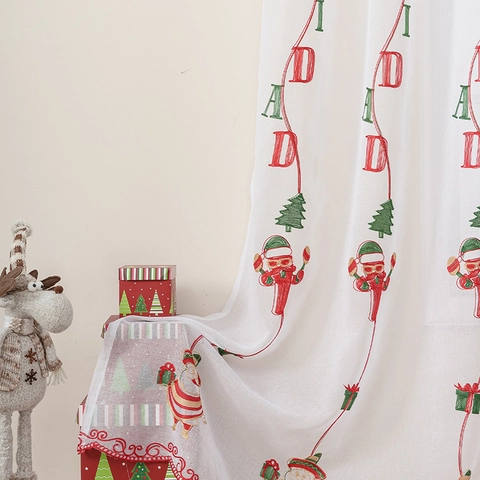 Kerstman Borduurwerk Kerst Gordijn Wit Semi-Transparant Polyester Voile Paneel Voor Woonkamer Slaapkamer Decoratie