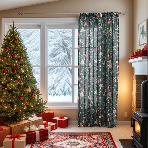Christmas Green Printed Sheer Curtains Holiday Tree Snowflake Star Pattern Semi Shading Window Drapes For Home Living Room Bedroom