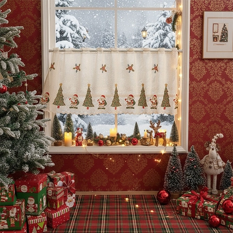 Rideau de Café en Dentelle Brodée de Noël Motif Père Noël et Sapin Rideau Court pour Cuisine Salon Décoration