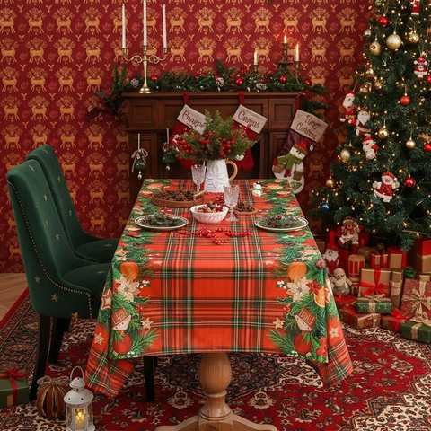 Amerikanische Vintage Karomuster Weihnachts Tischdecke Rechteckig Rot Grün Festlich Wellenkante Tischtuch Für Esszimmer Party