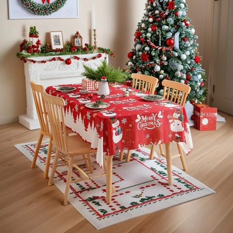 Vintage Christmas Tablecloth Rectangular Polyester Red Plaid Snowman Bell Bear Print Holiday Dining Table Cover Decoration