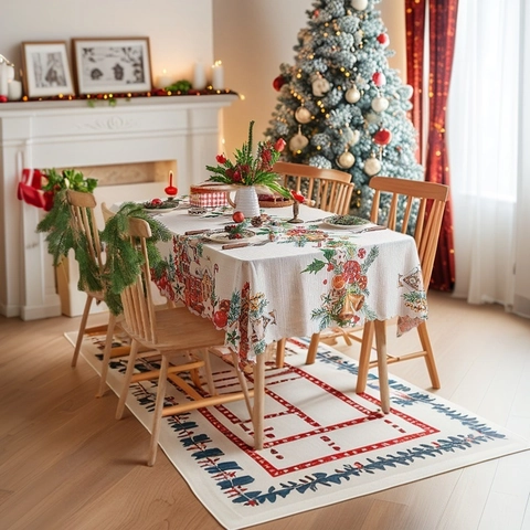 Vintage Rechthoekig Kerst Tafelkleed Polyester Geruit Klok Beer Print Golvende Rand Vakantie Eettafel Decoratie Thuis
