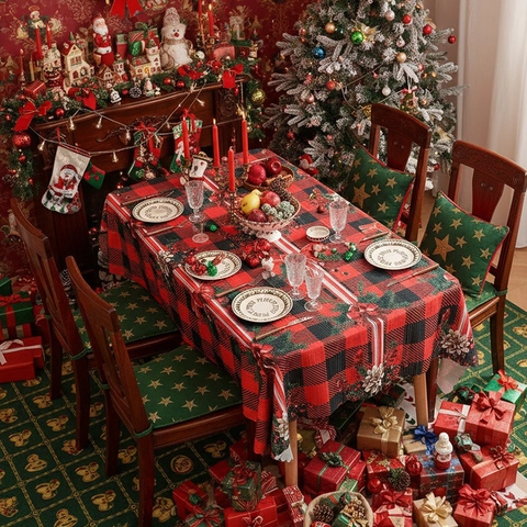 Vintage Weihnachten Kariert Rechteckige Tischdecke Polyester Wellenkante Feiertag Esszimmer Buffalo Karo Tischdeko