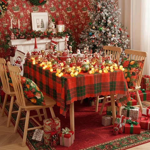 Tovaglia Natalizia Plaid Vintage Rosso Verde Rettangolare in Poliestere per Festa Festiva Casa Sala da Pranzo Decorazione