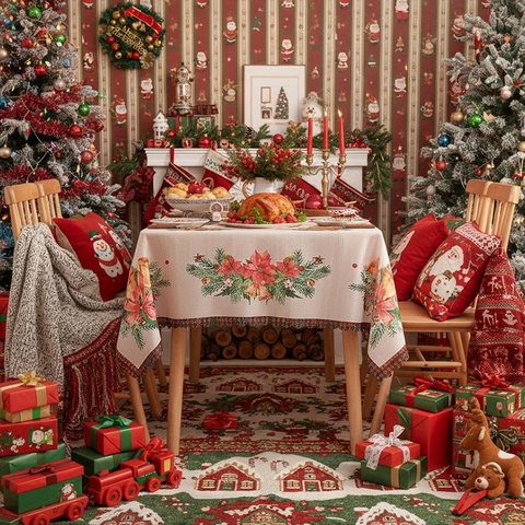 Kerst Rechthoekig Tafelkleed Polyester Feestelijk Huis Bloemenpatroon Stofdicht Tafelkleed Voor Eetkamer Vakantie Feest Decor