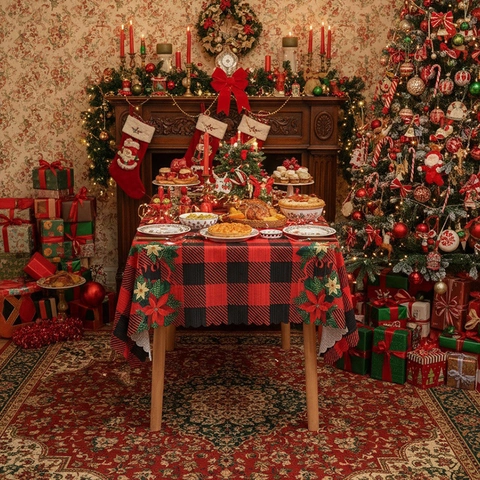 Tovaglia Natalizia Quadri Buffalo Poliestere Rosso Verde Fantasia Stella Di Natale Bordo Festonato Per Festa Casa Decorazione
