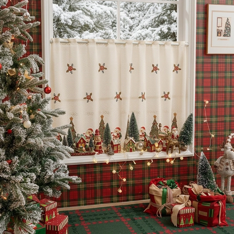 Rideau de Café en Dentelle Brodée de Noël Motif Père Noël et Sapin Rideau Court pour Cuisine Salon Décoration