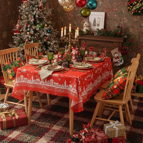 Rote Weihnachten Rechteckige Polyester Tischdecke Mit Weißem Stadt Rentier Muster Vintage Festliche Esstisch Dekoration
