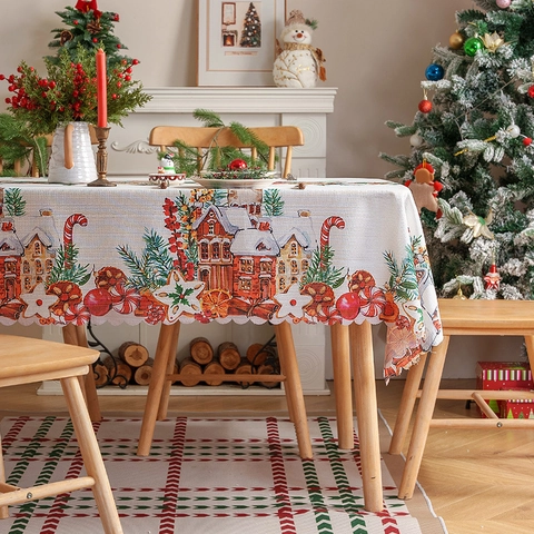 Vintage Rechthoekig Kerst Tafelkleed Polyester Geruit Klok Beer Print Golvende Rand Vakantie Eettafel Decoratie Thuis