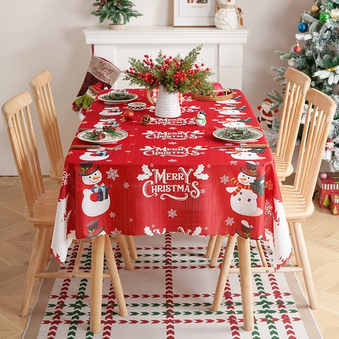 Vintage Christmas Tablecloth Rectangular Polyester Red Plaid Snowman Bell Bear Print Holiday Dining Table Cover Decoration