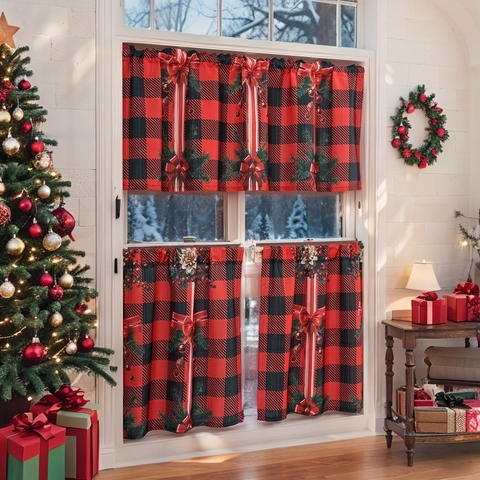 Rideaux de Café à Carreaux Buffalo de Noël Polyester Grille Rouge Noire Nœud Imprimé Aiguilles de Pin Cantonnière pour Cuisine Café Maison