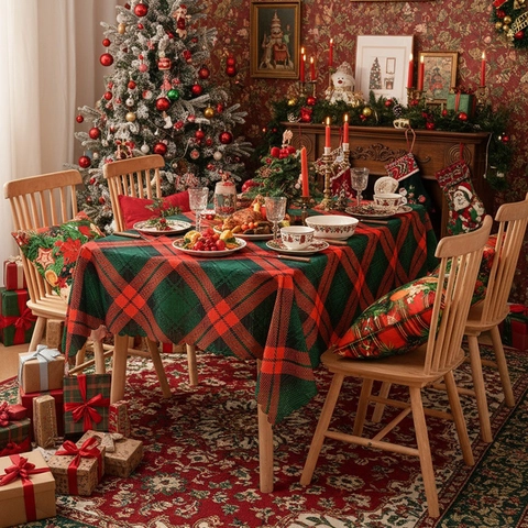 Christmas Rectangular Plaid Tablecloth Polyester Red Green Black Checkered Table Cover For Dinner Party Holiday Decor Home Kitchen