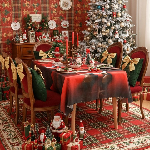American Style Christmas Tablecloth Cartoon Santa Claus Red Green Rectangular Table Cover With Scalloped Edges For Festive Dining Decor