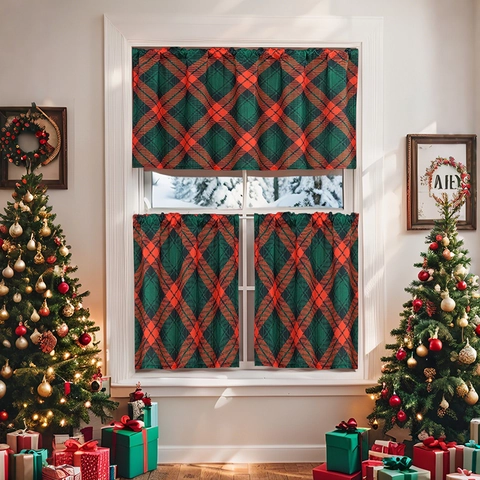 Rideaux de Cuisine de Noël Carreaux Buffalo Cantonnière Polyester Imprimé Écossais Rideau de Café pour Maison Décor