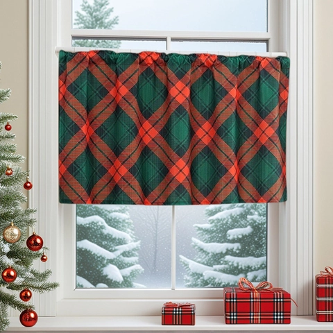 Rideaux de Cuisine de Noël Carreaux Buffalo Cantonnière Polyester Imprimé Écossais Rideau de Café pour Maison Décor