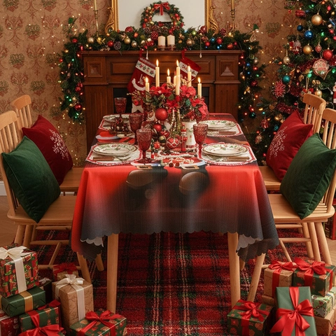 American Style Christmas Tablecloth Cartoon Santa Claus Red Green Rectangular Table Cover With Scalloped Edges For Festive Dining Decor