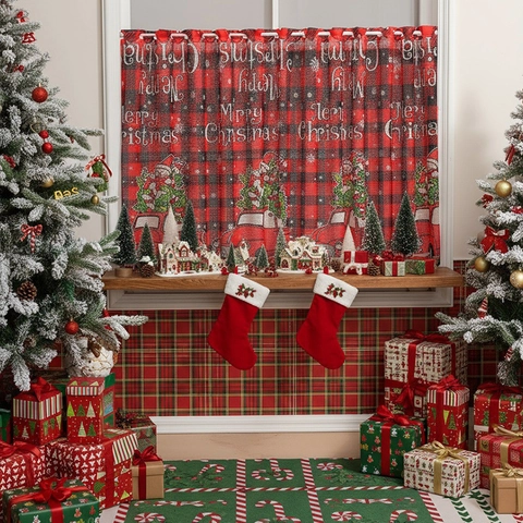 Weihnachten Rot Schwarz Büffel Karo Kurzgardine Merry Christmas LKW Weihnachtsmann Bedruckt Cafe Vorhang Für Küche Deko