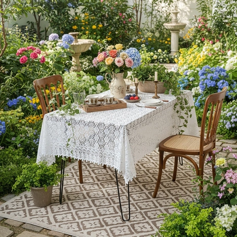 Nappe en Dentelle Blanche Rétro Français Avec Broderie Florale Évidée Chemin de Table Romantique Pour Table à Manger Jardin Décoration Maison