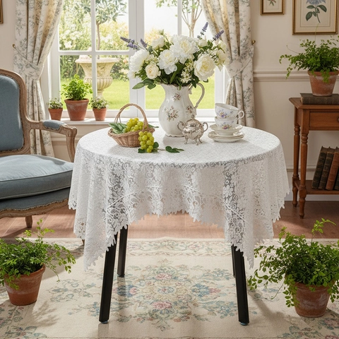 Tovaglia Bianca in Pizzo Vintage Francese Ricamata a Fiori Traforata Con Bordo a Onde per Matrimonio Festa