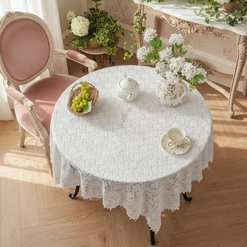 Tovaglia Bianca in Pizzo Vintage Francese Ricamata a Fiori Traforata Con Bordo a Onde per Matrimonio Festa