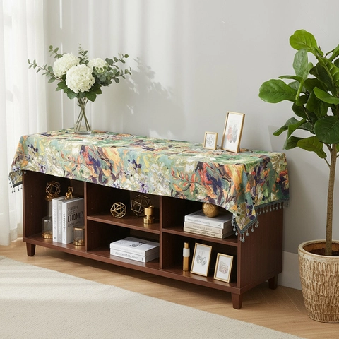 Camino de Mesa Impresionista Pintura al Óleo Mantel Retro Floral de Poliéster Con Borlas Para Decoración del Hogar