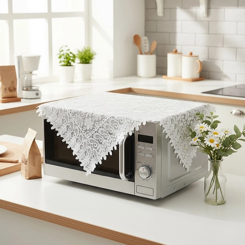 White Lace Microwave Oven Dust Cover French Vintage Floral Scalloped Edge Decorative Tablecloth For Home Kitchen Decor